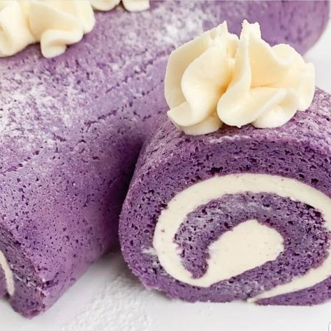 Ube Cake Aesthetic, Ube Filipino Desserts, Ube Roll Cake, Ube Aesthetic, Purple Food Ideas, Ube Roll, Ube Desserts, Ube Dessert, Exotic Desserts