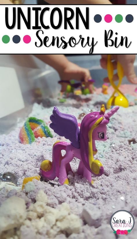 Unicorn sensory bin with colored cloud dough.  Perfect for fine motor and alphabet practice for toddlers and preschoolers. Unicorn Activities, Farm Sensory Bin, Sensory Play For Toddlers, Elementary Printables, Sensory Table Ideas, Elementary Classroom Ideas, Kindergarten Alphabet, Printables Preschool, Sensory Bin Ideas