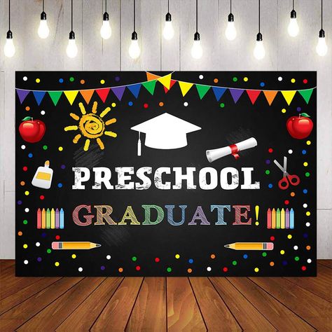 Preschool Graduation Backdrop Ideas, Kindergarten Graduation Backdrop, Preschool Graduation Backdrop, Preschool Chalkboard, Grad Banner, Party Backdrops, Graduation Backdrop, Preschool Graduation, Outdoor Party Decorations