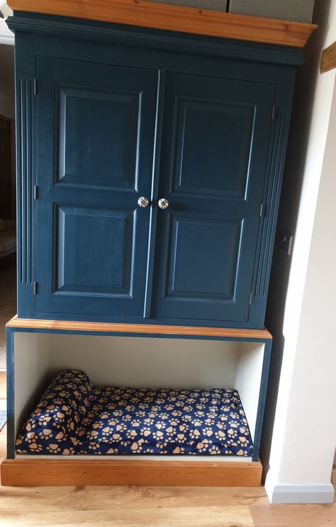 Dog Bed Cupboard, Dog Bed In Kitchen, Dog Cupboard, Dog Area Ideas, House Utility Room, Bed Cupboard, Coat Cupboard, Dog Nook, Caravan Conversion