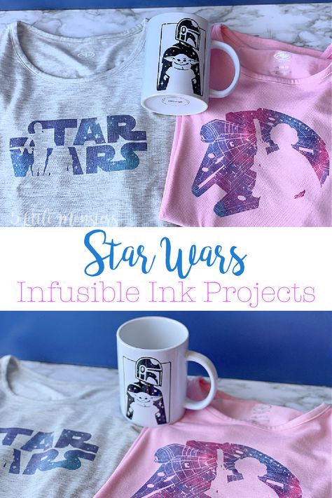 Use Galaxy Print Infusible Ink Transfer Sheets cut out on a Cricut to make t-shirts and mugs perfect for any Star Wars fan. Star Wars Mugs Diy, Star Wars Cricut Shirts, Star Wars Mug, Star Wars Cricut, Star Wars Cricut Projects, Star Wars Shirt Ideas, Star Wars Mugs, Infusible Ink Transfer Sheets, Cricut Projects Easy