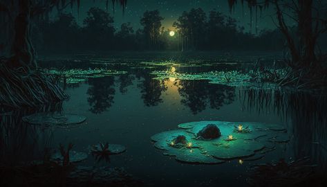 Fantasy Lake Forest, Swamp Background Art, Night River Aesthetic, Fantasy Swamp Art, Night Lake Aesthetic, Fantasy Lake Art, Lakes At Night, Swamp Background, Swamp At Night