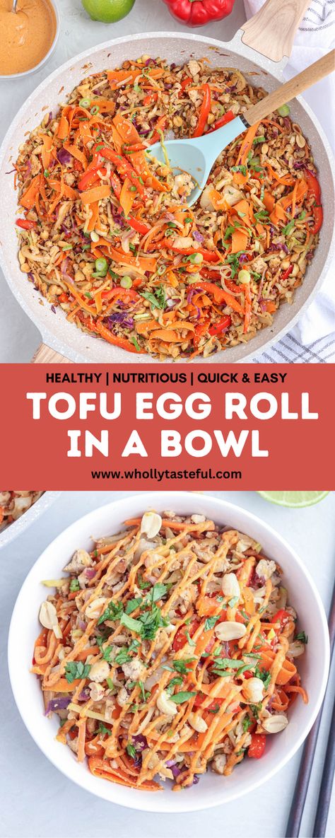 Turn tofu into something delicious with this Tofu Egg Roll in a Bowl. Made with tons of veggies, this dish is made with crumbled tofu and spicy sriracha mayon sauce. Great for an easy weeknight dinner or a no-fuss lunch. Tofu Egg Roll In A Bowl, Tofu Egg Rolls, Crumbled Tofu, Vegan Egg Rolls, Tofu Noodles, Eggroll In A Bowl, Egg Roll In A Bowl, Spicy Peanut Sauce, Vegan Tofu