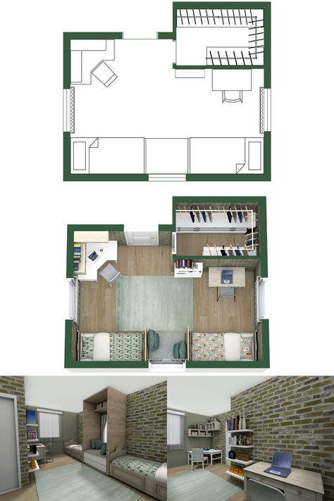 A beige and green 2D and 3D small twin bedroom idea with two single beds, two desks, and a closet. Twin Sharing Bedroom Ideas, Small Twin Bedroom, Twin Bedroom Idea, Sharing Bedroom Ideas, Twin Bedroom Layout, Sharing Bedroom, Bedroom Layout, Shared Bedroom, Twin Bedroom