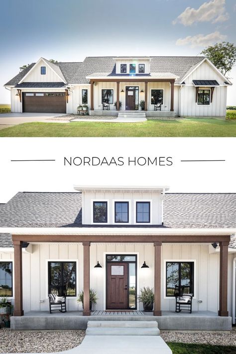 Tour this new, single story modern farmhouse built by Nordaas Homes. This custom home features Diamond Kote board & batten elements provide a sleek, modern farmhouse style. Adding to the modern flair, black Andersen windows provide a striking contrast to the white exterior, while touches of wood balance the overall design. We design, build and remodel homes across the Midwest. Contact us for more information at Nordaas Homes. Farmhouse Design Exterior, White Farmhouse Exterior, White Modern Farmhouse, White Exterior Houses, Ranch House Exterior, Farmhouse Exterior Design, House Exterior Paint, Modern House Exterior Design, Modern Farmhouse Design