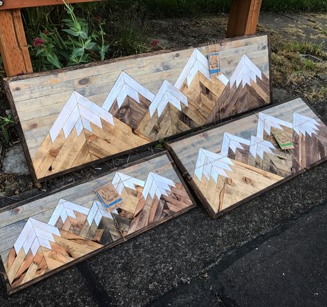 Lath Projects, Wood Quilt Wall Art, Pallet Upcycle, Mountain Wood Wall, Wood Art Ideas, Quilt Wall Art, Mountain Wood Wall Art, Mountain Scenes, Wood Quilt