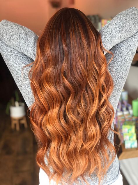 Brown Ginger Ombre Hair, Balayage Hair Orange Copper, Copper Brunette Hair Balayage, Copper Balayage Long Hair, Brunette To Ginger Ombre, Dark Root Red Balayage, Balayage Orange Hair, Ginger Baylage Hair, Bright Copper Balayage