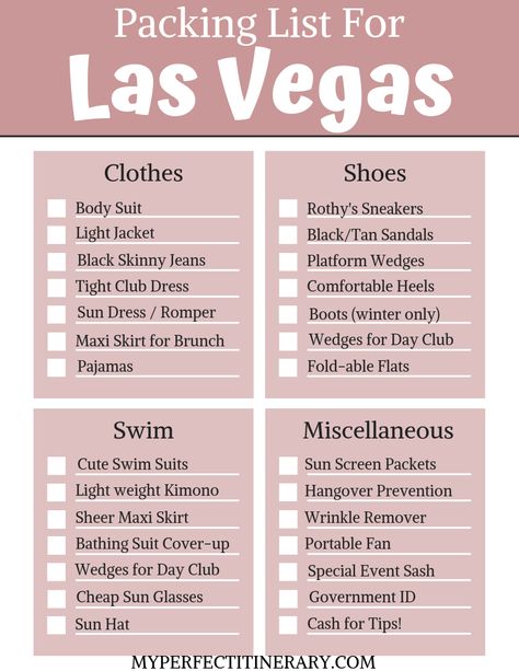 The ULTIMATE Vegas Packing List - A Local's Guide! Vegas Checklist Packing Lists, Vegas Trip Packing List, Outfits For Vegas In September, Vegas Packing List Fall, Las Vegas Packing List Spring, Packing For Vegas Summer, Vegas Packing List Winter, Las Vegas Packing List Winter, Las Vegas Packing List Summer