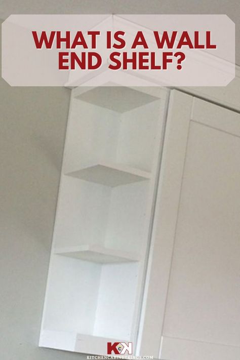 A wall end shelf is a way of finishing a cabinetry run with shelves rather than using an end cabinet. End Of Cupboard Shelves, Cabinet End Panel Ideas Diy, Open Shelf End Wall Cabinet Kitchen, Shelf On Side Of Kitchen Cabinet, End Cabinet Shelves, End Of Cabinet Shelves, Side Of Cabinet Ideas, Shelves On Side Of Kitchen Cabinet, Kitchen Cabinets Open