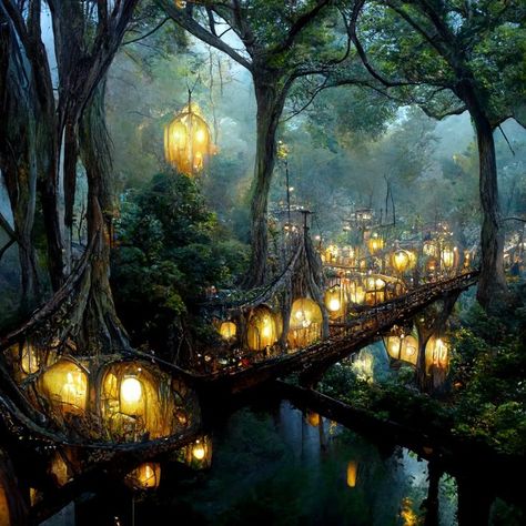 Treetop City, Fantasy Tree City, Underground Forest, Fantasy Forest City, Underground City Fantasy Art, Magical City, Fae City, Fantasy Capital City, Forest Kingdom