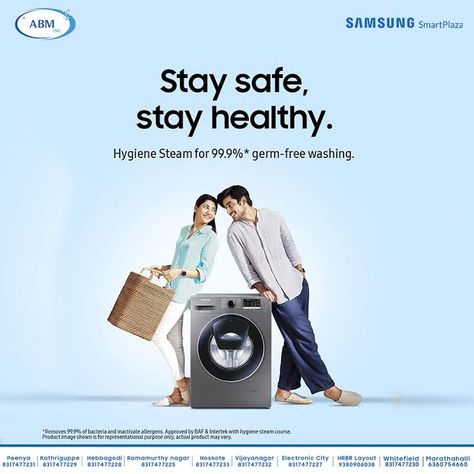 Keeping your family healthy is a priority, now more than ever. Maintaining hygiene and staying indoors is essential in keeping your loved ones safe. Samsung Washing Machines have Hygiene Steam which gives a 99.9% germ-free wash, giving you peace of mind, ensuring you #StaySafeStayHealthy #DoWhatYouCant #Samsung   Rush to our nearest ABM #SamsungSmartPlaza Washing Machine Ads, Samsung Home, Samsung Washing Machine, Flower Background Design, Social Design, Samsung Products, Social Media Design Inspiration, Flower Background, Design Posters