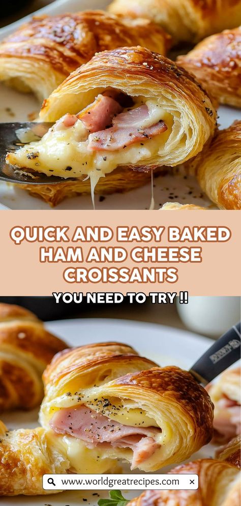 Get ready to indulge in these irresistible baked ham and cheese croissants that are the perfect blend of flaky, buttery pastry and savory filling. This easy-to-follow recipe will guide you in creating delicious croissants at home, perfect for breakfast or brunch gatherings. With just a few simple ingredients, including high-quality ham and your favorite cheese, you can impress family and friends with these mouthwatering delights. Croissant Dough Recipe Ideas, Mini Croissant Breakfast Ideas, Ham Crossiants, Canned Croissant Recipes Breakfast, Ham And Crescent Roll Recipe, Ham And Cheese Croissant Roll Ups, Breakfast Ideas With Croissants, How To Make Crossiants, Things To Make With Croissants