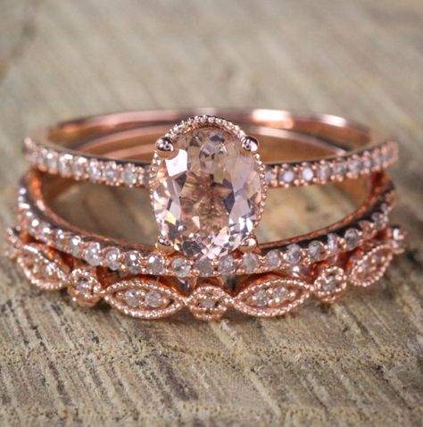 Trio Ring, Morganite Diamond, Morganite Engagement, Bridal Ring Sets, Dream Engagement Rings, Morganite Engagement Ring, Rose Gold Engagement, Engagement Rings Oval, Rose Gold Wedding