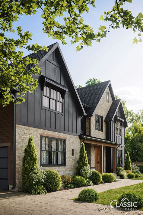 A close up image of a modern farmhouse front exterior in dark brown/black board and batten, stone, and stained wood. Bright sun shining from the upper right corner. Ranch House Exterior Colors, Dark Exterior House, Board And Batten Exterior, Ranch House Exterior, Classic Homes, Farmhouse Architecture, House Cladding, Ranch Exterior, Exterior House Color