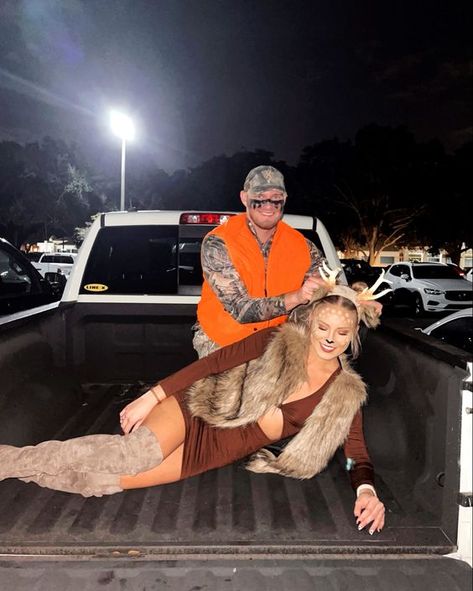 50+ DIY Couples Halloween Costumes to be the Pinterest-y Couple of the Month | Hike n Dip Couples Halloween Costume Ideas Country, Hunting Costume Ideas, Couples Costumes Country, Couples Country Halloween Costume, Hunter Deer Couple Costume, Cowboy Couples Costume, Country Couples Halloween Costumes, Country Couples Costumes, Cow Couple Costume