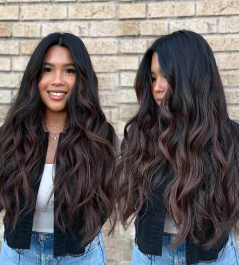 Chocolate Balayage Hair, Highlights For 2023, Dark Chocolate Balayage, Chocolate Balayage, Dark Brown Hair With Highlights, Dark Ombre Hair, Black Hair Ombre, Dark Chocolate Hair, Brown Hair Inspiration