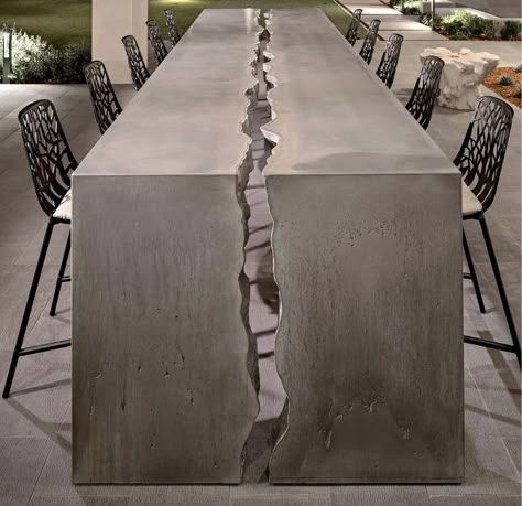 Concrete Wood Metal Interior Design, Concrete And Epoxy Table, Cement Dinner Table, Concrete Office Table, Stone Table Design, Concrete Design Interior, Concrete Bar Table, Concrete Waterfall, Concrete Top Dining Table