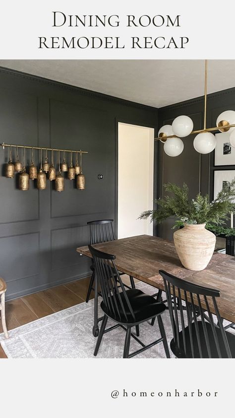 Dark Dining Room Furniture, Dark Grey Wall Dining Room, Dining Room Design Dark Wood Table, Dark Wall Dining Room Ideas, Dining Room Inspiration Dark Table, Box Trim In Dining Room, Charcoal Accent Wall Dining Room, Charcoal Grey Dining Room, Dining Room With Dark Walls