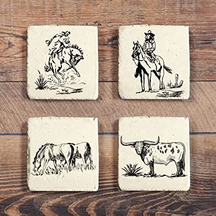 Paseo Road by HiEnd Accents | Ranch Life Coasters for Drinks Set of 4, Black and White, Cowboy Cow Longhorn Horse Print, Western Rustic Cabin Lodge Farmhouse Style Western Farmhouse, Custom Playing Cards, Cowboy Decorations, Ranch Decor, Western Rustic, Travertine Stone, Rustic Bedding, Cabin Lodge, Ranch Life