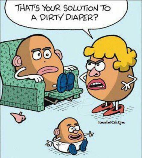 Solution to dirty diaper Candy Cartoon, Funny Potato, Mark Parisi, Spanish Jokes, Family Cartoon, Cartoon Funny, Spanish Humor, Spanish Memes, Clean Humor