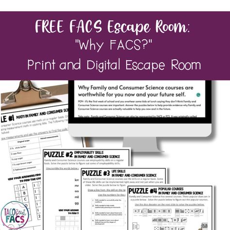 Looking for a fun, free, engaging way to teach your students about the value of Family and Consumer Science courses? Check out the FREE 4 puzzle print and digital escape room. Learn more from the Taco Bout FACS blog post. High School Family Consumer Science Classroom, Family Consumer Science Classroom, Family And Consumer Science Classroom, Facs Classroom, Facs Lesson Plans, Family And Consumer Science, Life Management, School Sets, Classroom Decor Themes