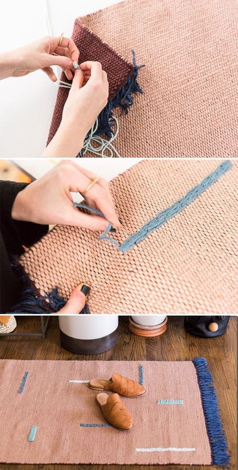 How to customize a plain rug with 2 different embroidery techniques (DIY). #rug #diyrug #entryway #neutrals Plain Rug, Diy Techniques, Embroidery Diy, Plain Rugs, A Rug, Decoration Originale, 자수 디자인, Diy Rug, Décor Diy