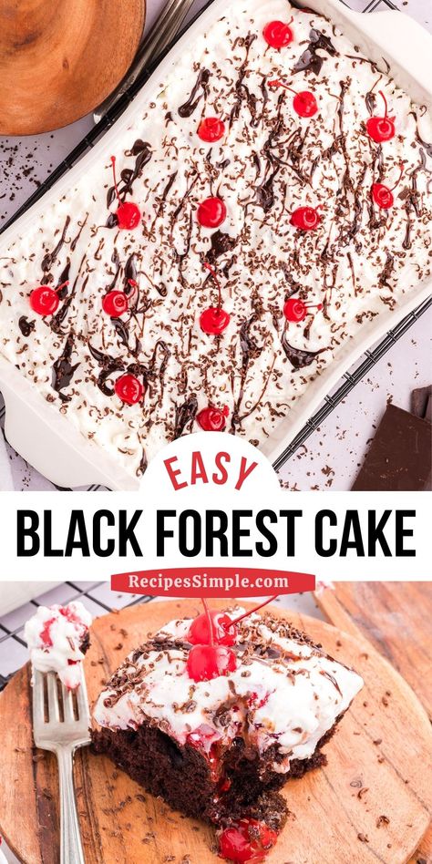 This Easy Black Forest Cake recipe is a poke cake that's simple to make and has all the classic flavors of chocolate, cherries, and whipped cream. Delicious cake recipe for any occasion! Square Black Forest Cake, Black Forest Cake With Box Cake, Black Forest Sheet Cake Recipe, Black Forest Gateau Recipe, Black Forest Sheet Cake, Blackforest Cake Recipes Easy, Black Forest Torte Recipe, Black Forest Poke Cake, Dump Cake Crockpot