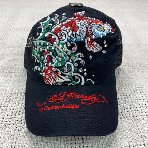 Ed Hardy Trucker Hat, Bedazzled Trucker Hat, Blue Koi Fish, Red Trucker Hat, Ed Hardy Designs, Y2k Hat, Green Waves, Don Ed Hardy, Blue Koi