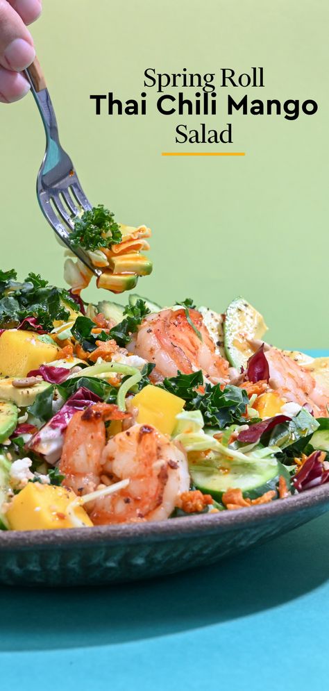 Bring a little heat with our Thai Chili Mango Salad. Add some avocado to cut the heat with some creaminess and shrimp for a little more protein action. The flavor of the sea pairs perfectly with the Thai flavors. You'll love this spring roll inspired salad any night of the week or you can easily whip it up for lunch. #TaylorToYourTastes Spring Roll Salad, Mango Salad Recipe, Thai Flavors, Thai Spring Rolls, Salad Kit, Chili Mango, Thai Chili, Salad Kits, Breakfast Skillet