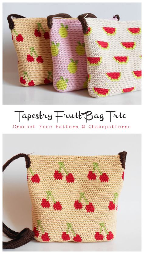 Tapestry Fruit Bag Crochet Free Pattern - Crochet & Knitting Quick Crochet Bag Free Pattern, Fruit Bag Crochet, Crochet Lunch Bag, Lunch Bags Pattern, Whimsical Crochet, Shoping Bag, Knitting Christmas, Knit Bags, Crochet Dreams