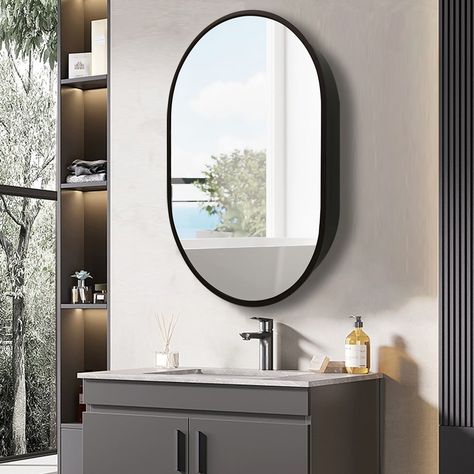 Black Bathroom Fixtures, Luxury Bathroom Sinks, Surface Mount Medicine Cabinet, Medicine Cabinet With Mirror, Black Mirror Frame, Elegant Vanity, Lighted Medicine Cabinet, Cabinet With Mirror, Bathroom Wall Cabinets