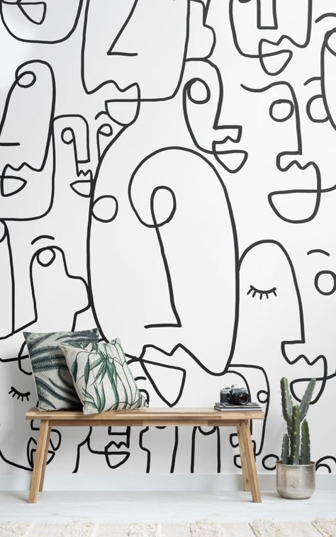 Line Drawing Wallpaper, Boho Chic Interior, Scandinavian Dining Room, Interior Murals, Feature Wall Bedroom, Face Line Drawing, Dekorasi Kamar Tidur, Drawing Wallpaper, Wallpaper Bedroom