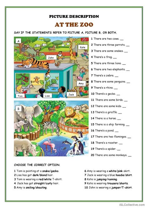 Picture description - At the zoo gen…: English ESL worksheets pdf & doc Zoo Vocabulary, English Play, Comprehension Exercises, Esl Printables, Grammar Practice, In The Zoo, Vocabulary Practice, Picture Description, Vocabulary Worksheets