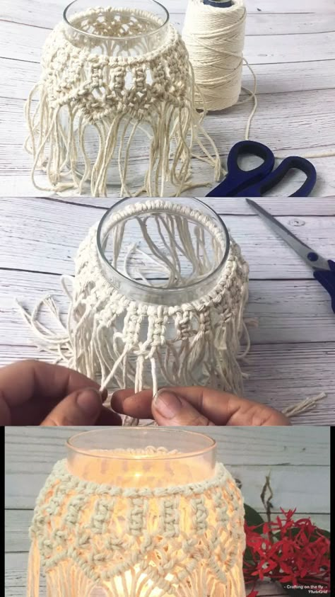 Macrame Candle, Macrame Candle Holder, Home Decor Macrame, Pola Macrame, Idea For Home, Diy Kitchen Projects, Diy Jar Crafts, Mason Jar Crafts Diy, Decor Pillows