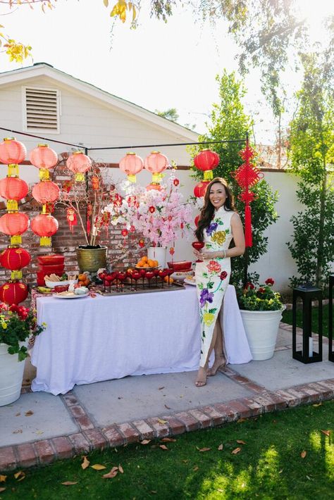 Lunar New Year Tablescape with Pottery Barn: Year of the Dragon New Year Tablescape, New Year's Food, Chinese New Year Decorations, Living In San Francisco, Bar Set Up, Stylish Tables, Money Trees, Beautiful Chandelier, Year Of The Dragon