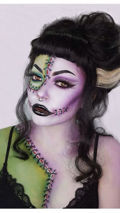 Zombie Witch Makeup, Zombie Glam Makeup, Halloween Frankenstein Makeup, Creepy Halloween Makeup Ideas Scary, Frankenstein Makeup Female, Character Makeup Ideas, Frankenstein Face Paint, Groovy Ghoulies, Bride Of Frankenstein Halloween Costume