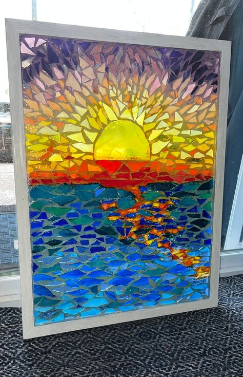 Stained Glass Mosaic Window: Rising Sun Stained Glass Panel - Etsy Mosaic Sunset Ideas, Mosaic Sunset, Chb Cabins, Stained Glass Mosaic Window, Mosaic Window, Mosaic Windows, Diy Stained Glass Window, Mosaic Art Diy, Stained Glass Sun