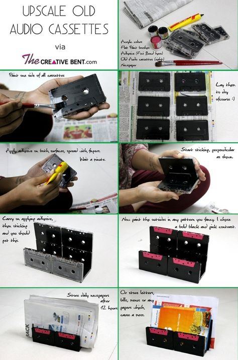 Recycling old audio cassettes ideas, DIY newspaper holder thecreativebent.c... Vhs Upcycling, Cassette Crafts, Vhs Ideas, Vhs Crafts, Cassette Tape Crafts, Cassette Tape Art, Old Cassette, Blood On The Dance Floor, Diy Newspaper