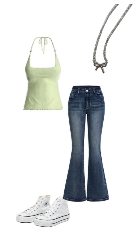 square neck green tank, flare jeans, white converse, outfit inspiration, lime green tank top, flare jeans outfit, converse outfit, tank top outfit Square Neck Tank Top Outfit, Flared Jeans Outfit Summer, White Converse Outfit, Flare Jean Outfit, Outfit Converse, Tank Top Outfit, Flare Jeans Outfit, Converse Outfit, Jeans Outfit Summer