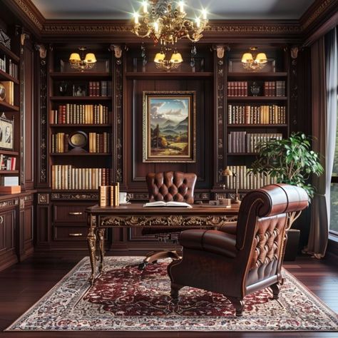 Study Room Desk Ideas, Traditional Study Room, Dream Office Luxury, Room Desk Ideas, Hollywood Regency Interior Design, Luxury Home Library, Unique Buildings Architecture, Traditional Study, Shabby Chic Interior Design