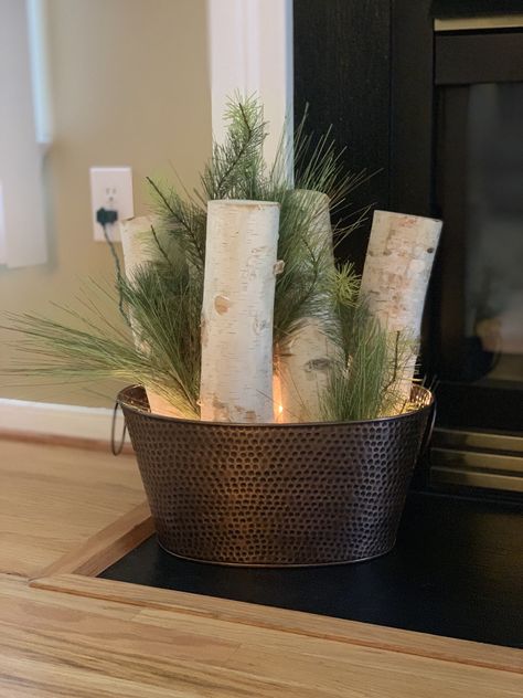 Birch Tree Fireplace, Birch Tree Table Decor, How To Display Birch Logs, Birch Tree Branches In Pot Christmas, Birch Branches In Basket, Wood Bucket Decorating Ideas, Birch Logs In Basket Christmas Decor, Birch Logs In Basket, Crafts With Birch Wood