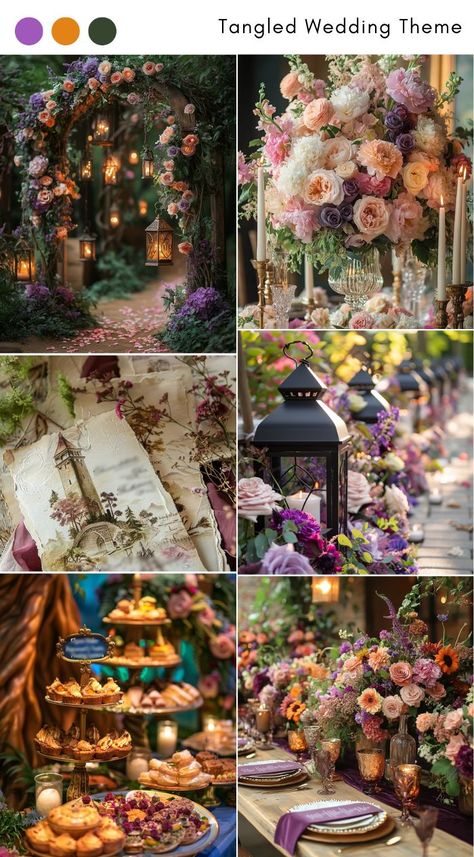 Tangled wedding theme ideas for a fairytale-inspired celebration. Tangled Rapunzel Wedding Theme, Vintage Fairy Wedding, Ethereal Fall Wedding, Enchanted Garden Wedding Theme, Bridgerton Wedding Aesthetic, Magical Wedding Theme, Tangled Wedding Theme, Tangled Themed Wedding, Ethereal Wedding Theme