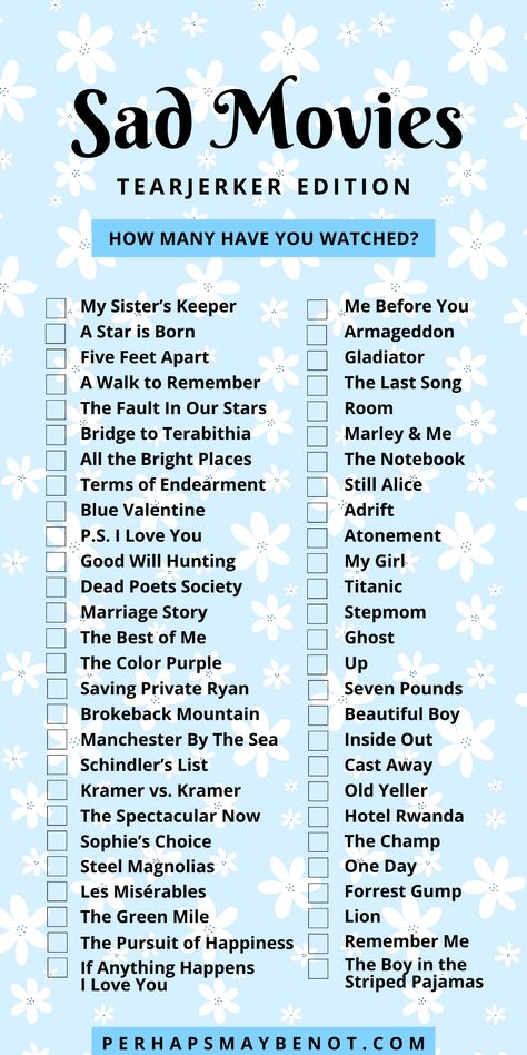 Are you ready for a movie marathon that'll have you reaching for the tissues? Explore our list of Sad Movies That Will Make You Ugly Cry! These tear-jerkers are guaranteed to pull at your heartstrings and provide the perfect excuse to grab your popcorn and cuddle up with the one you love #movies #sadmovies Good Cry Movies, The Saddest Movies To Watch, The Saddest Movies List, Tear Jerker Movie List, Movies To Make You Cry, Movies To Cry To, Movies That Will Make You Cry, Emotional Movies To Watch, Comfort Movies List