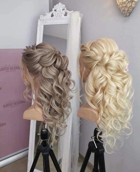 Wedding Hair For 60 Year Old, Bride Wedding Hair Down With Veil, Loose Wedding Hair Down, Big Wedding Hairstyles, Wedding Hairstyles With Fringe, Wedding Day Hair For Bride Down, Fancy Half Up Half Down Hair Prom, Hairstyles For A Strapless Dress, Double Wedding Ideas