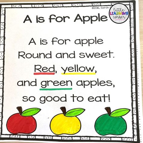 Printable fall poems for kids and pocket chart poems for prek, kindergarten, and first grade poetry centers Apple Songs For Preschool, Ukg Activity, September Poems For Kids, September Poems For Kindergarten, Fall Poems For Kids, Songs About Apples, Fall Leaves Poem Preschool, Apple Poem Kindergarten, Apple Poem