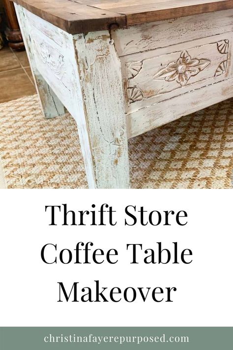 This teak wood coffee table had seen better days. It had damage especially to the top. See how we transformed it into a beautiful farmhouse coffee table to use in our livingroom! #coffeetablemakeover #farmhousecoffeetable #thriftstorecoffeetable Redo Wood Coffee Table, Shiplap Coffee Table Diy, Vintage Farmhouse Coffee Table, Refinish Wood Coffee Table, Restore Coffee Table Diy, Coffee Table Flip Wood, Resurface Coffee Table Top, Coffee Table Makeover Diy, Whitewash Coffee Table