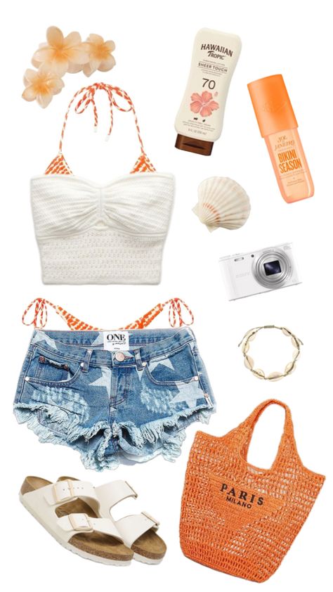 #beachy #aesthetic #orange #peachy #beachyoutfit #outfit inspi Coastal Beach Outfit Aesthetic, Hawaii Clothes Aesthetic, Beachy Crop Top Outfit, Beachy Fitted Crop Top For Beach Season, Swimsuit Cover Up Ideas, Obx Aesthetic Outfit, 2000s Beachy Outfits, Beach Outfit Aesthetic Skirt, Orange Beach Aesthetic Outfit