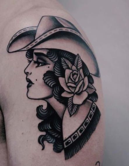 Cowgirl Pin Up Tattoos, Pin Up Cowgirl Tattoo, American Traditional Cowgirl, Cowgirl Tattoos Traditional, Traditional Cowgirl Tattoo, Western Traditional Tattoo, Traditional Western Tattoo, Traditional Tattoo Pin Up, Cowboy Hat Tattoo