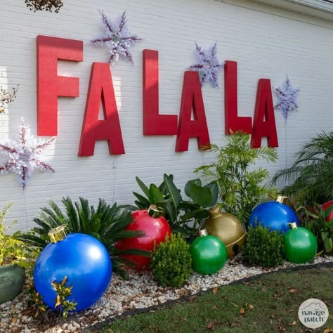 DIY Jumbo FA LA LA Letters | Falala sign | Outdoor Christmas decorations ideas | Christmas yard installation | Jumbo fa la la sign | Christmas yard decorations diy | Oversize Christmas decor | How to decorate front yard for Christmas | #TheNavagePatch #Christmas #ChristmasDecorations | TheNavagePatch.com Giant Christmas Present Decoration, Giant Snowman Diy Outdoor, Holliball Yard, Giant Outdoor Christmas Tree, Giant Christmas Card For Yard, Classic Christmas Yard Decorations, Falala Christmas Decor, Falalalala Sign, Fa Lalalala Sign