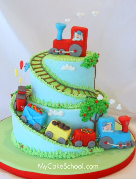 Train Cake~  From a video tutorial on MyCakeSchool.com (frosted in buttercream with fondant accents) ;0) Costco Wedding Cakes, Train Theme Birthday Party, Train Birthday Cake, Resipi Kek, Train Cake, Trains Birthday Party, Train Birthday, Fondant Figures, Cake Videos